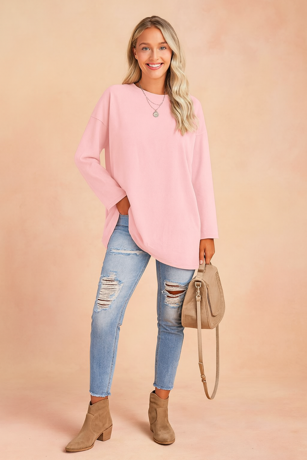 Tunique manches longues femme oversize à col rond et ourlet arrondi 8