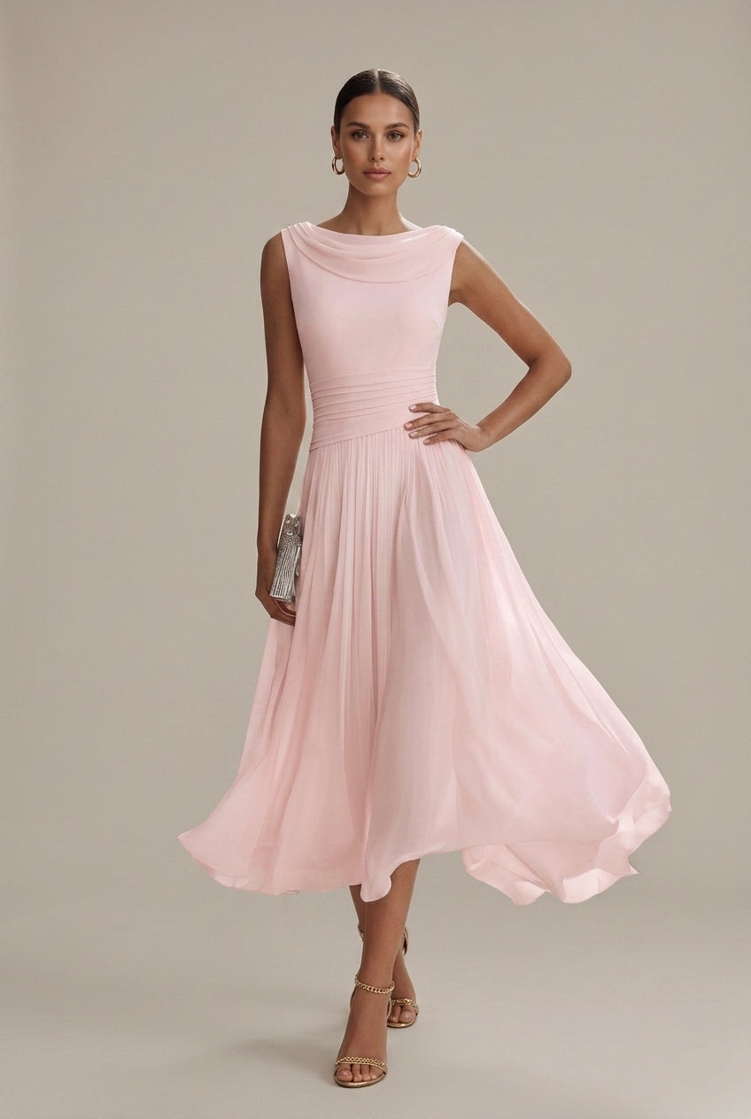 Robe midi sans manches à col drapé plissé femme