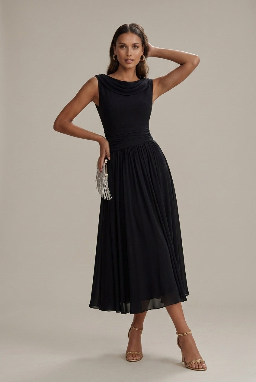 Robe midi sans manches à col drapé plissé femme