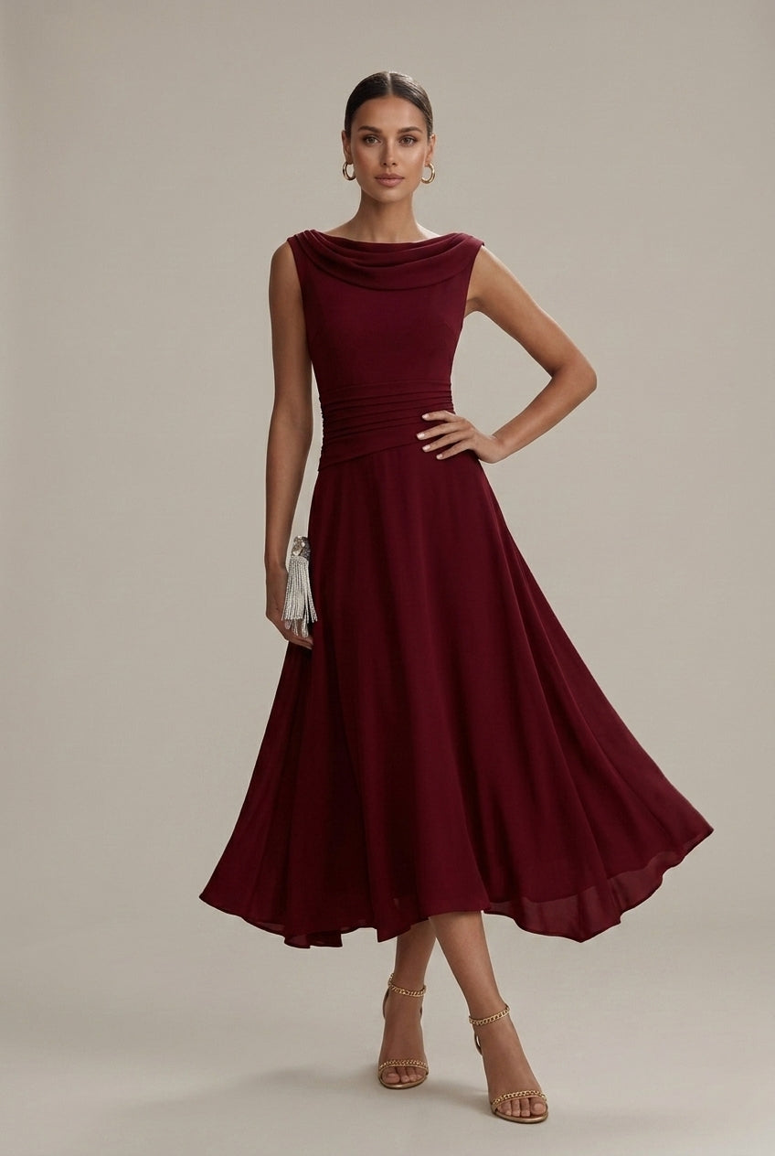 Robe midi sans manches à col drapé plissé femme