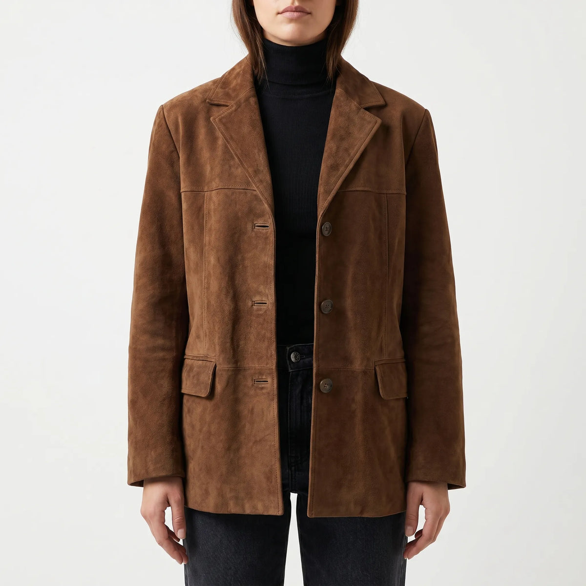 Veste blazer femme effet daim à col cranté et boutonnage simple 1
