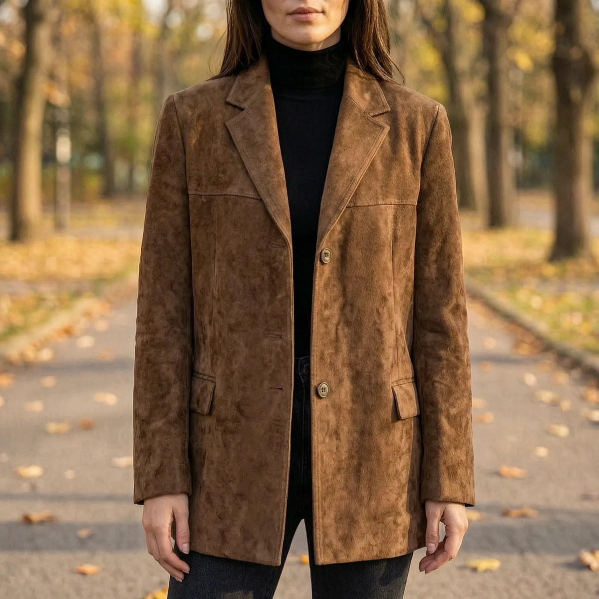 Veste blazer femme effet daim à col cranté et boutonnage simple 2
