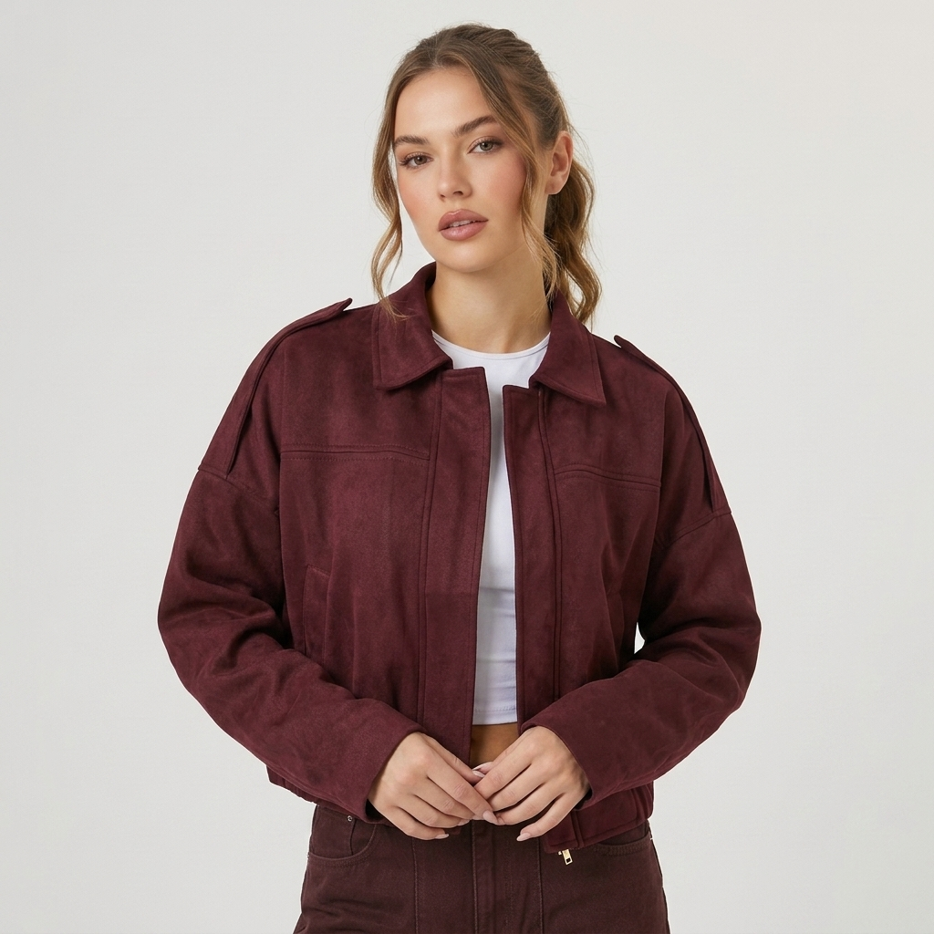 Veste bomber femme courte en suédine à col chemise zippée 2
