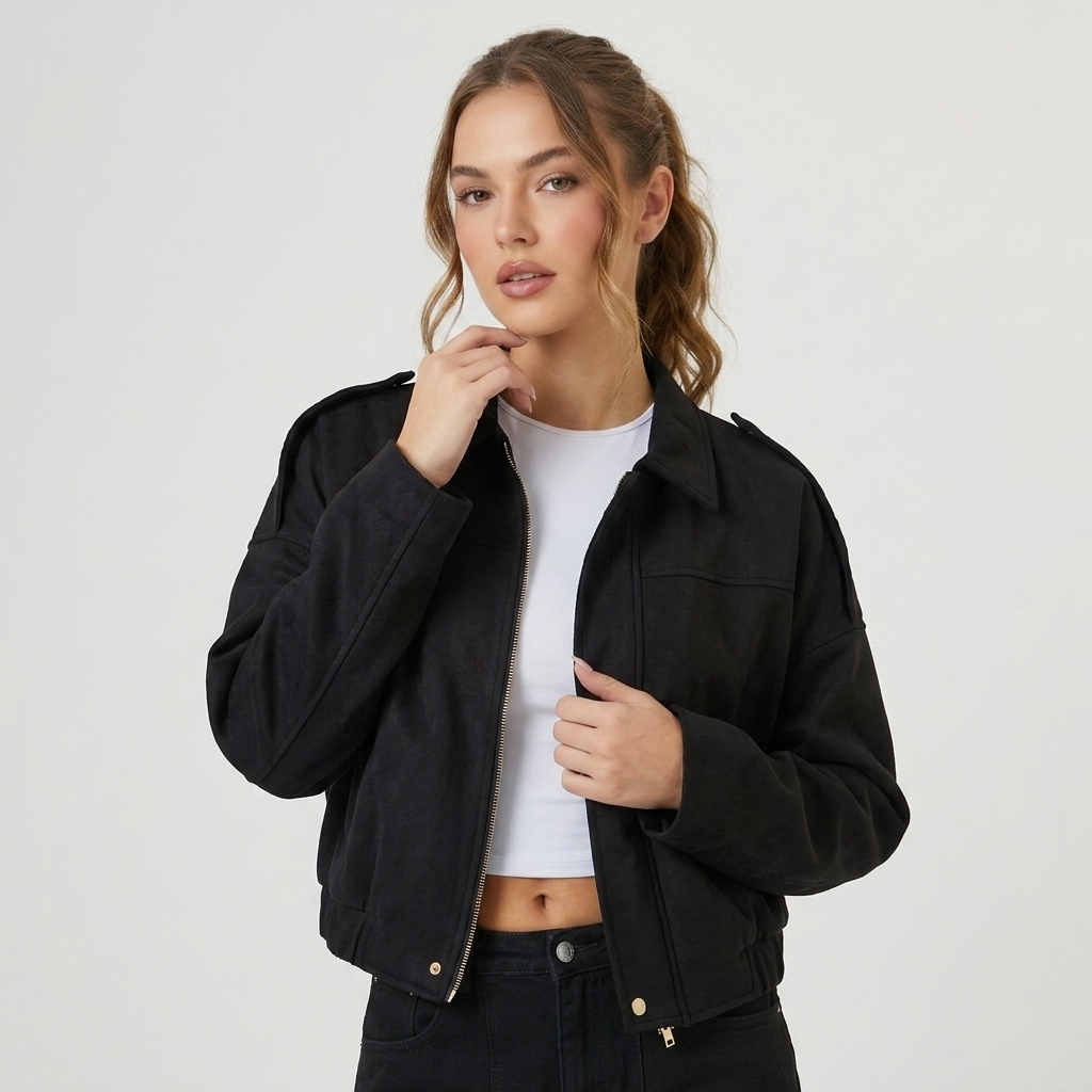 Veste bomber femme courte en suédine à col chemise zippée 3
