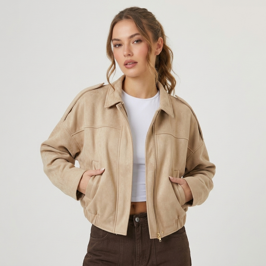 Veste bomber femme courte en suédine à col chemise zippée 4