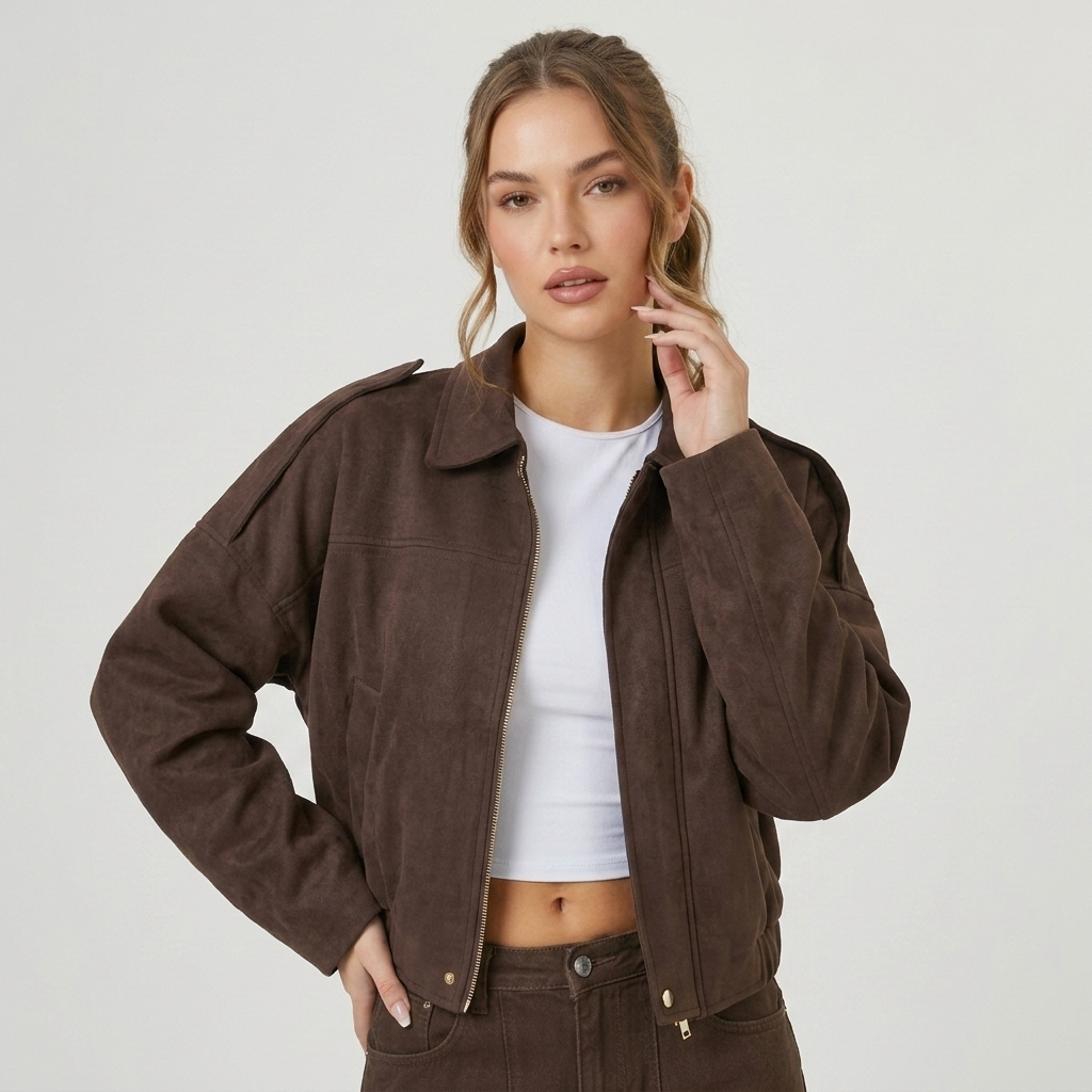 Veste bomber femme courte en suédine à col chemise zippée 6