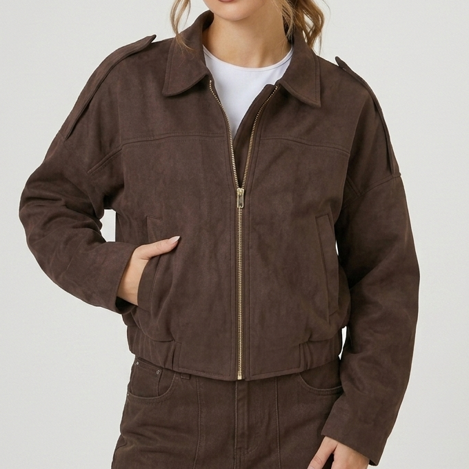 Veste bomber femme courte en suédine à col chemise zippée 7
