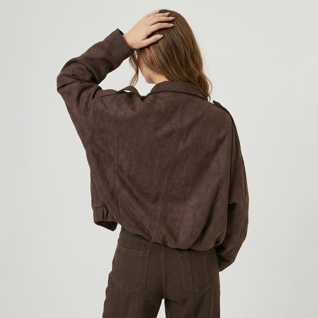 Veste bomber femme courte en suédine à col chemise zippée 8