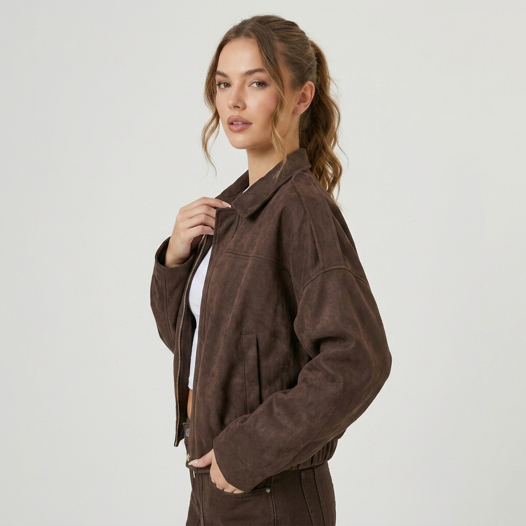 Veste bomber femme courte en suédine à col chemise zippée 9