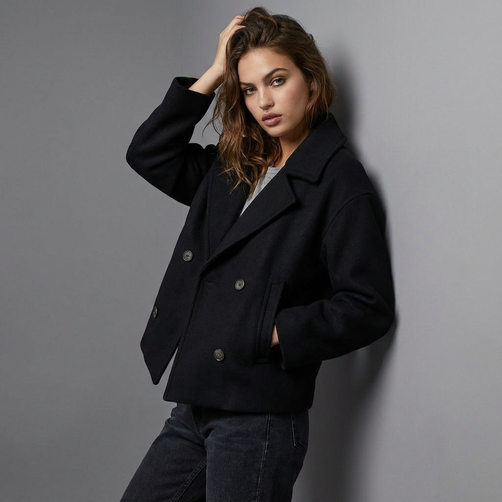 Veste courte femme coupe droite à double boutonnage et col à revers 3