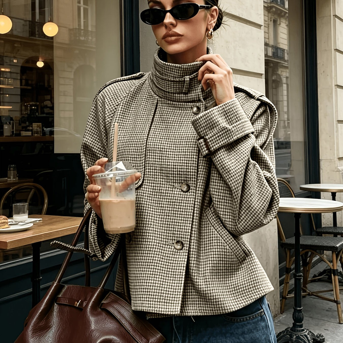 Veste courte pied-de-poule à col officier mi-saison femme 1