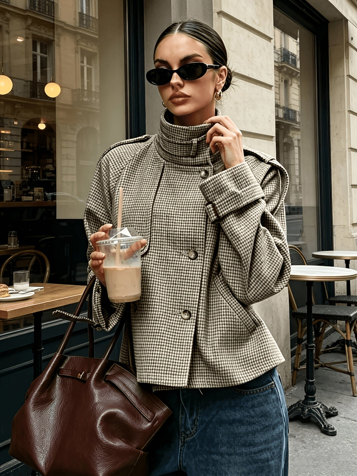 Veste courte pied-de-poule à col officier mi-saison femme 2