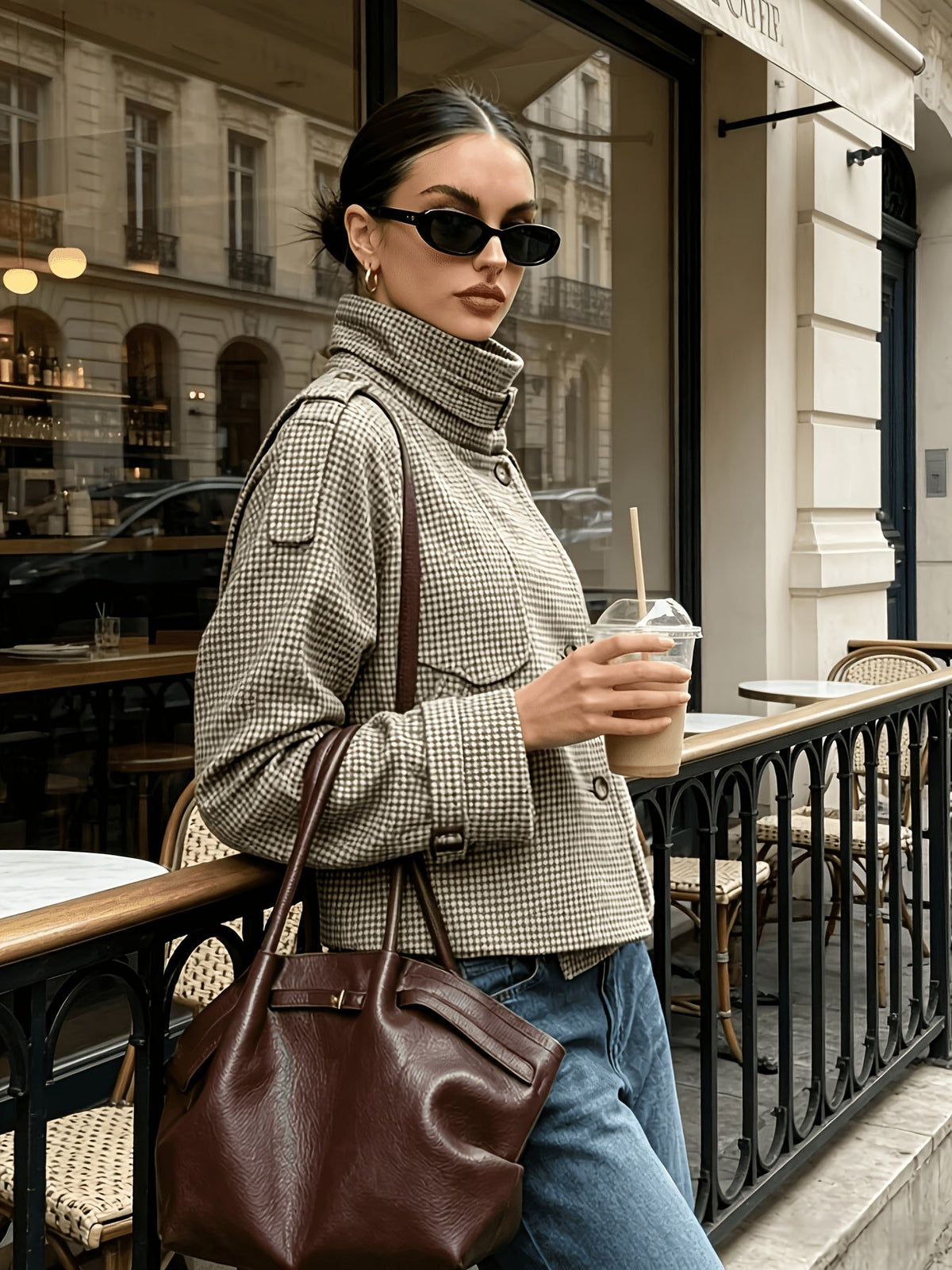 Veste courte pied-de-poule à col officier mi-saison femme 3