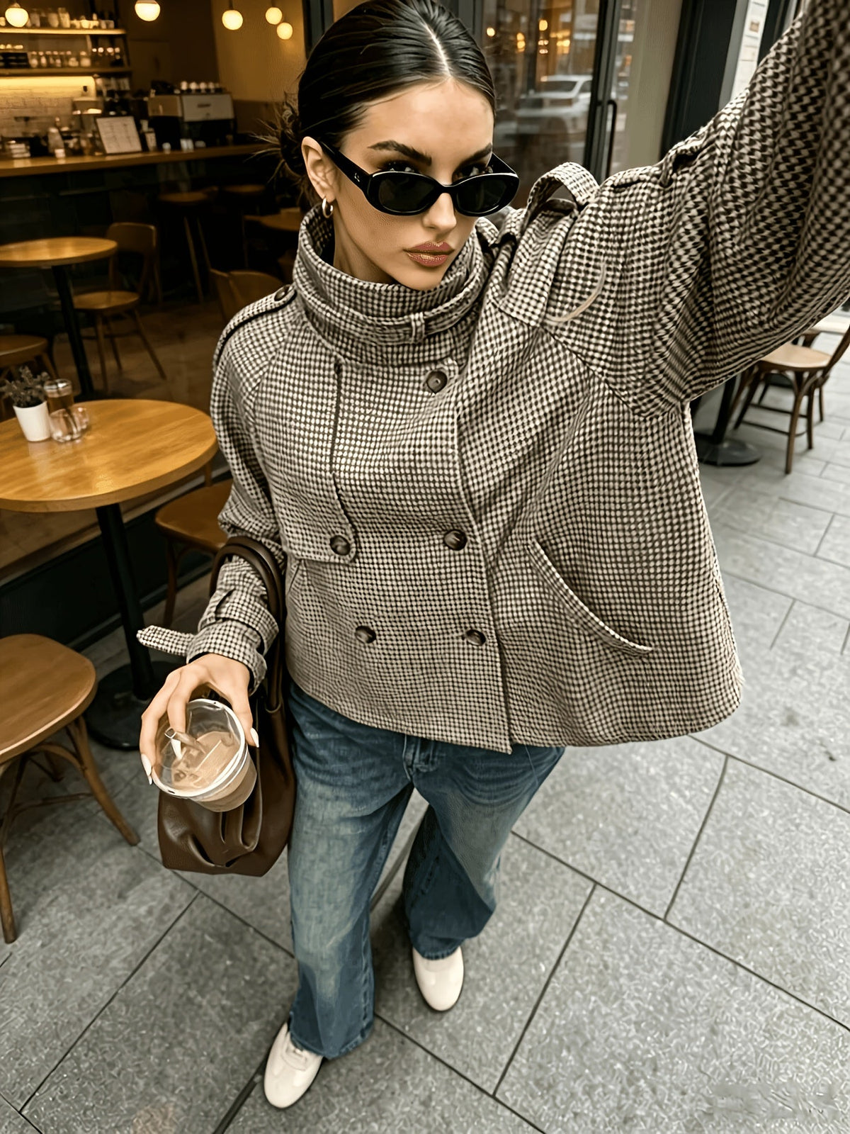 Veste courte pied-de-poule à col officier mi-saison femme 4
