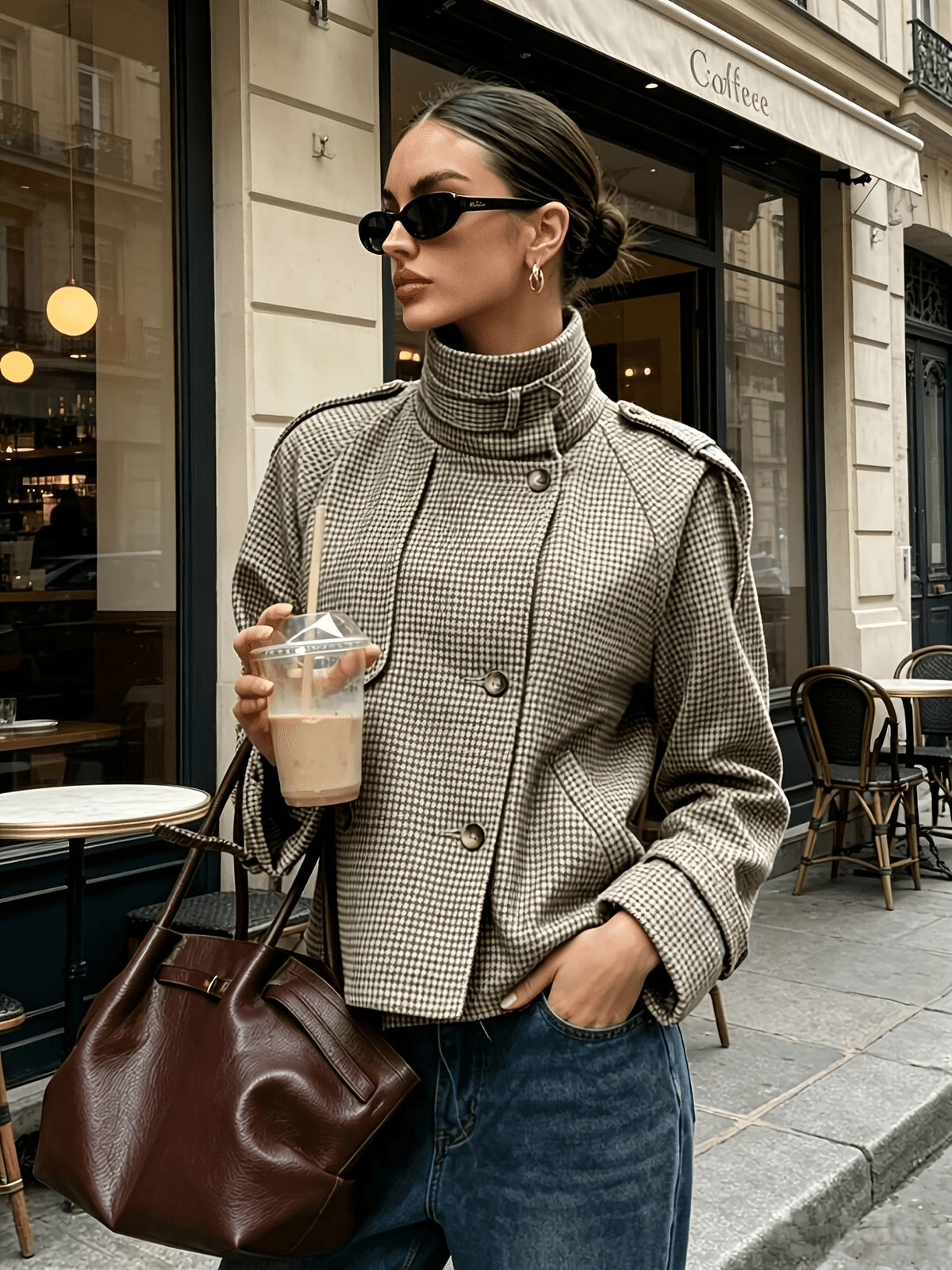 Veste courte pied-de-poule à col officier mi-saison femme 5