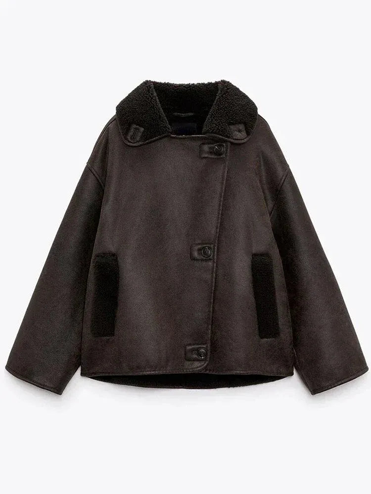 Veste d'hiver oversized femme doublée à large col et poches 3