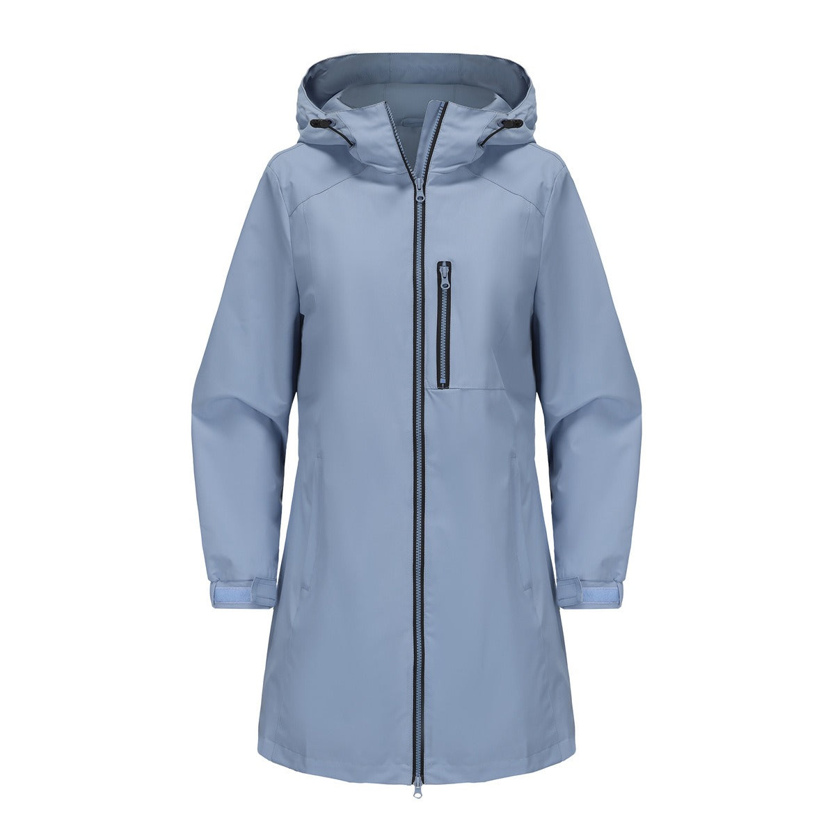 Veste de pluie femme déperlante mi-longue à capuche et poche poitrine zippée 1