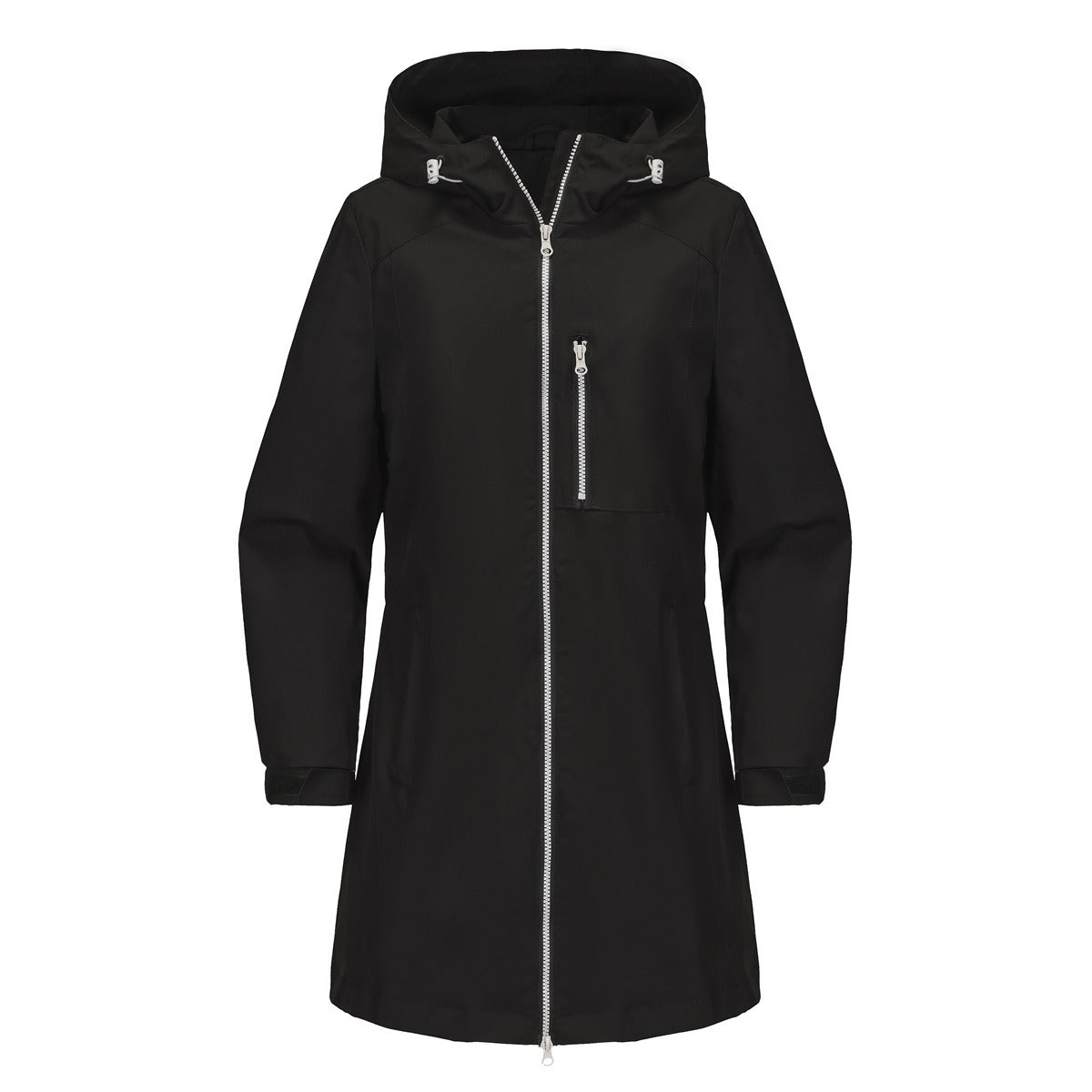 Veste de pluie femme déperlante mi-longue à capuche et poche poitrine zippée 2