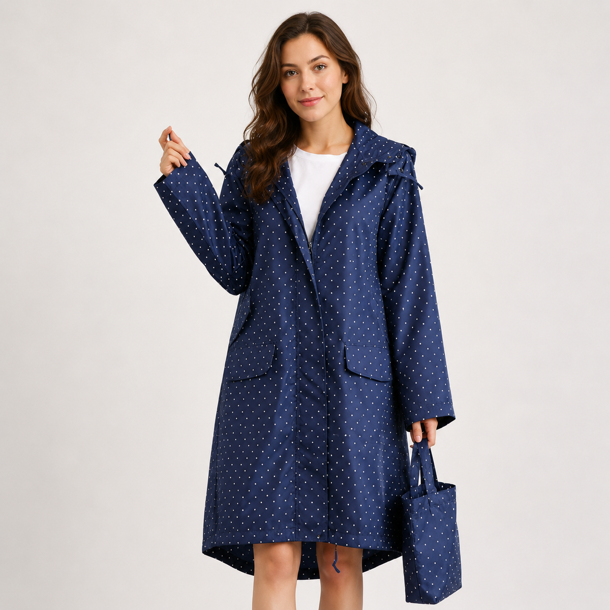 Veste de pluie imperméable femme coupe-vent mi-longue à capuche et boutons 1