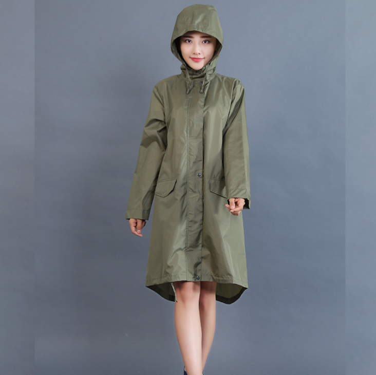 Veste de pluie imperméable femme coupe-vent mi-longue à capuche et boutons 2