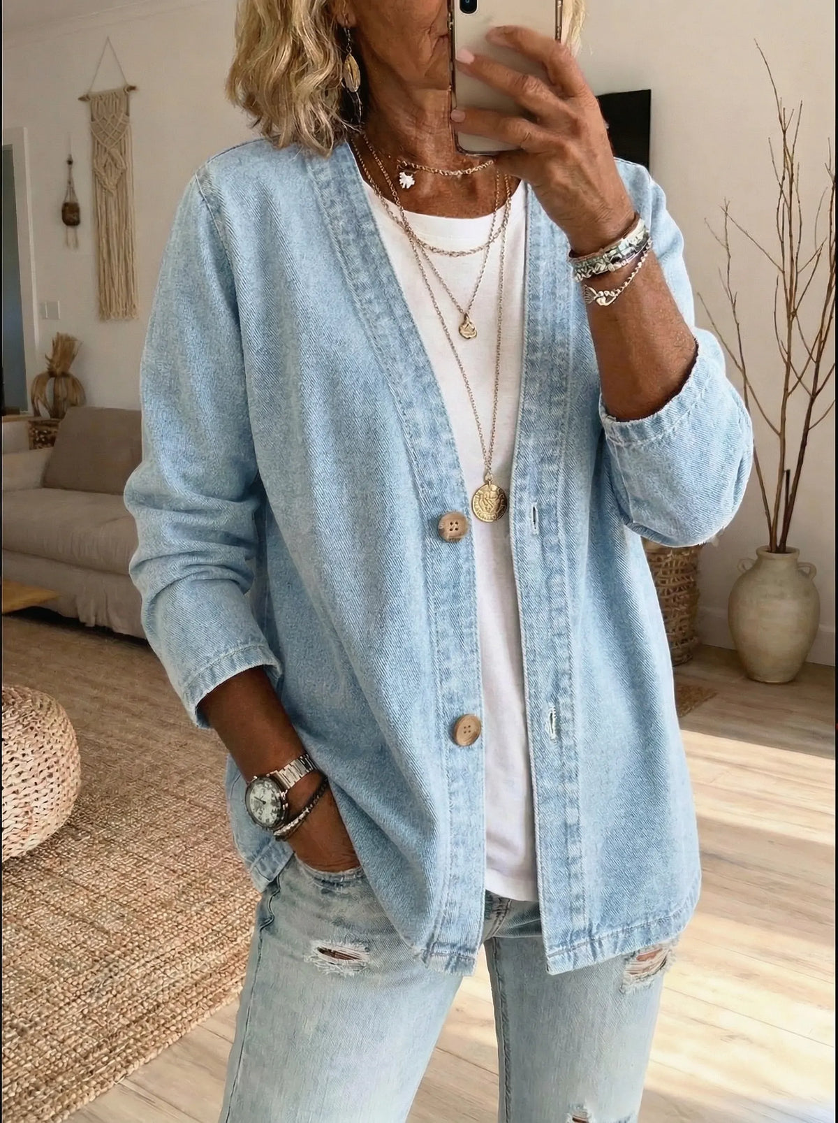 Veste en jean femme boutonnée décontractée mi-longue 1