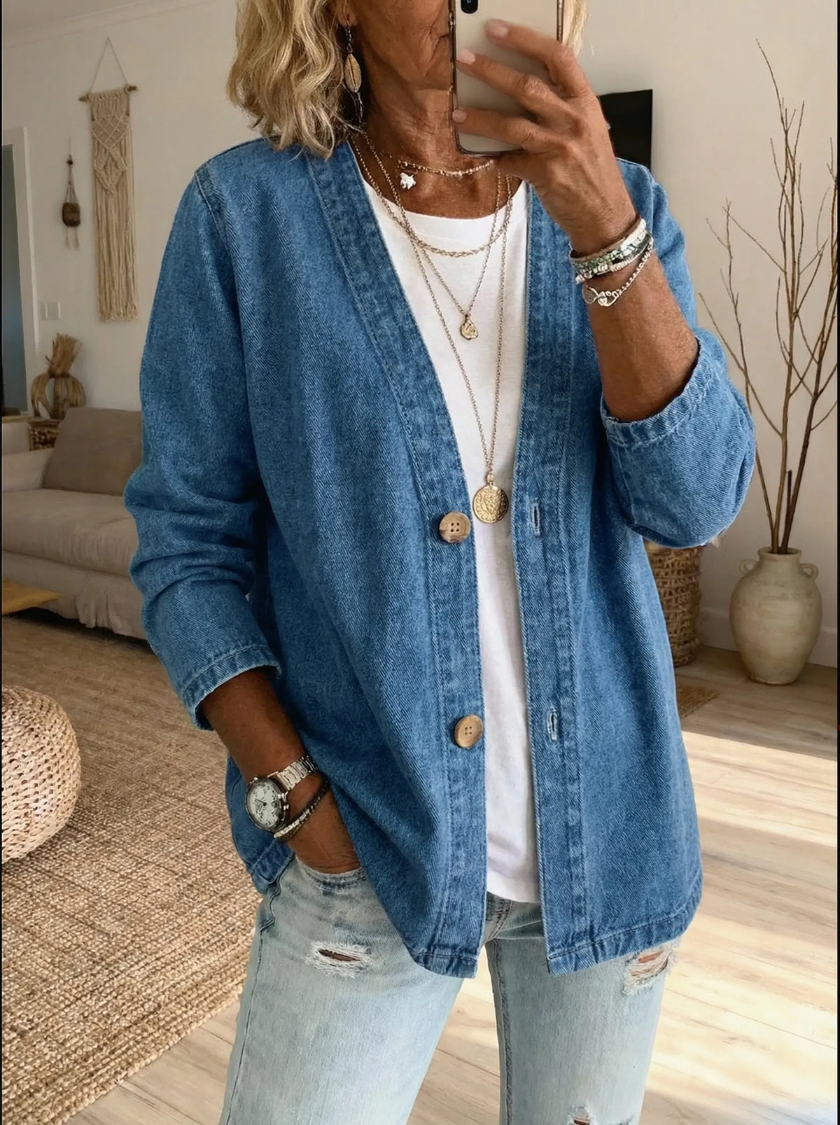 Veste en jean femme boutonnée décontractée mi-longue 2