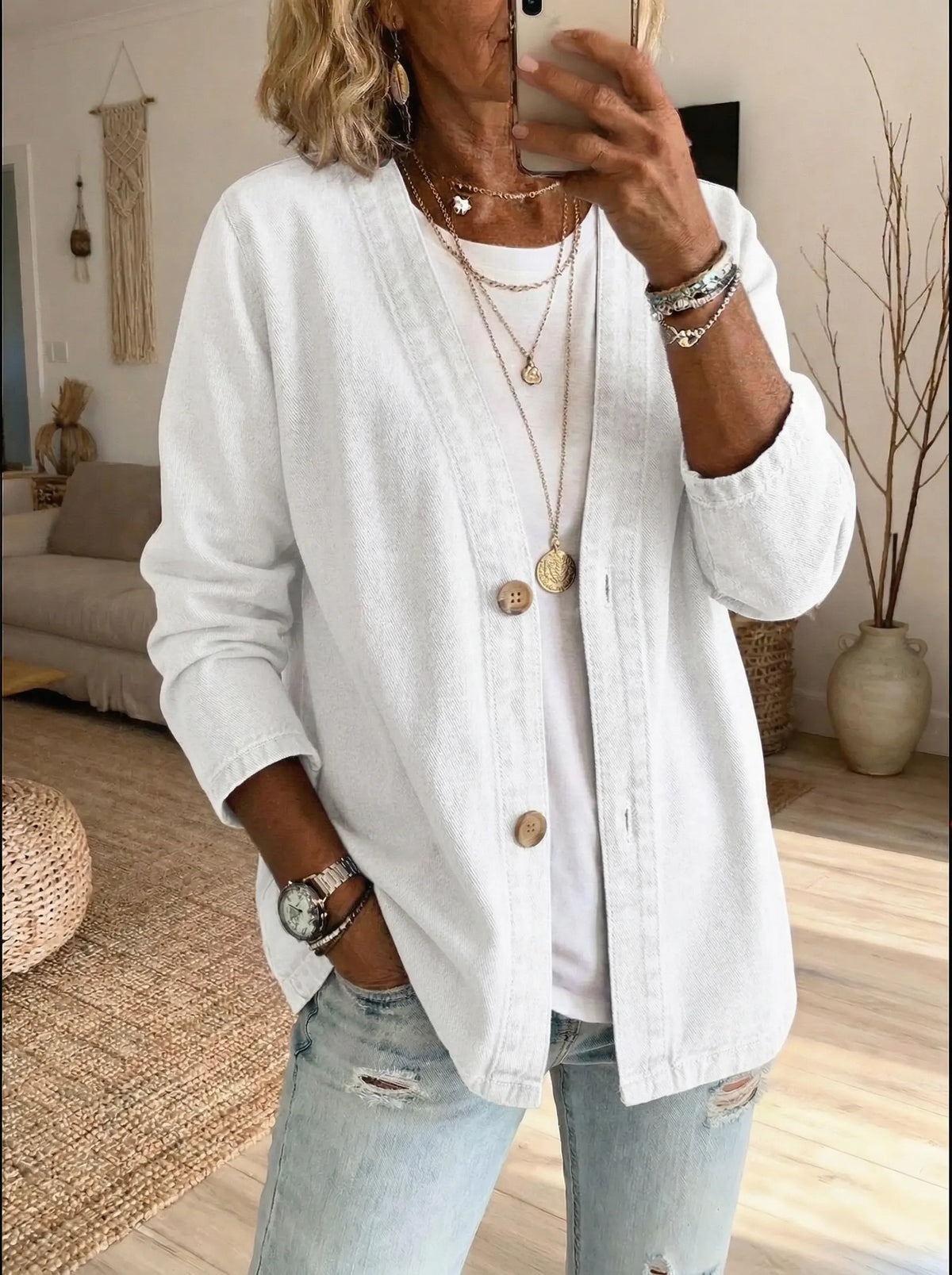 Veste en jean femme boutonnée décontractée mi-longue 3