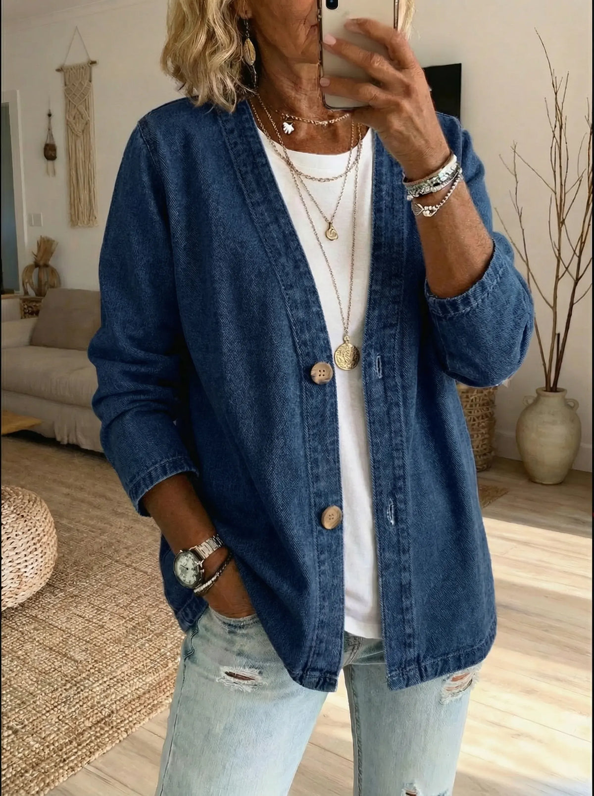 Veste en jean femme boutonnée décontractée mi-longue 5