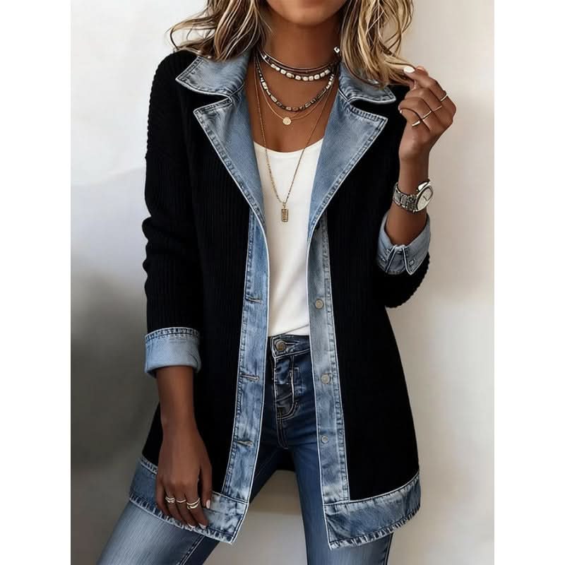 Veste en maille femme à bordure denim et col cranté 1