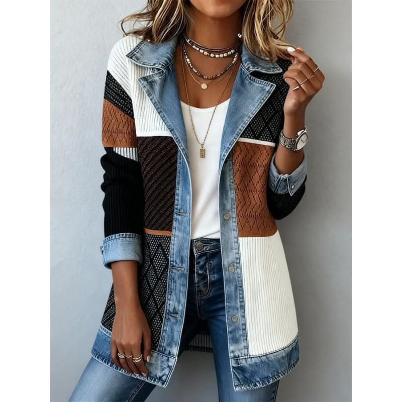 Veste en maille femme à bordure denim et col cranté 2