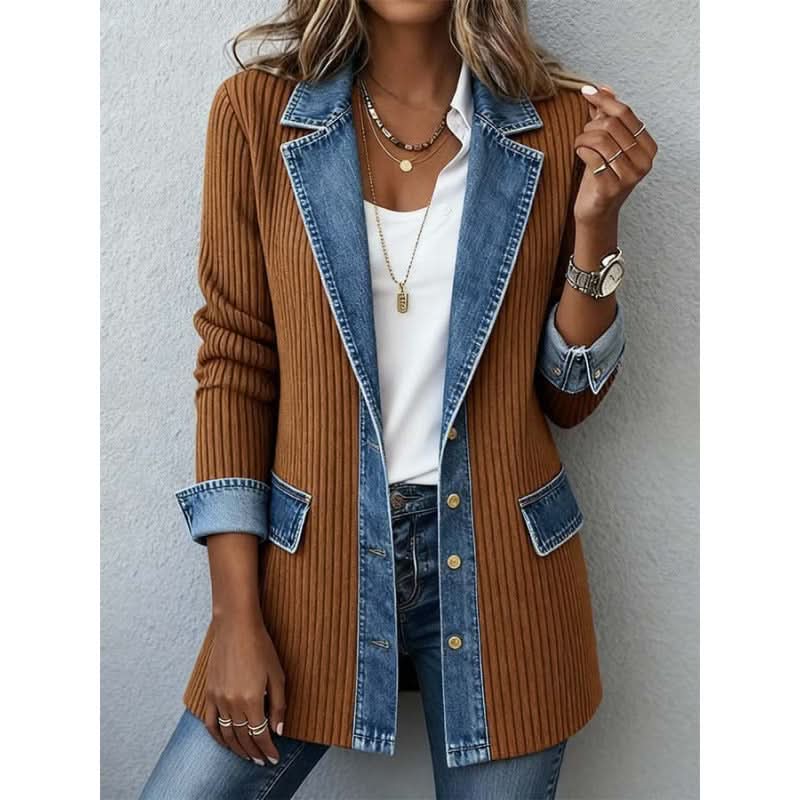 Veste en maille femme à bordure denim et col cranté 3