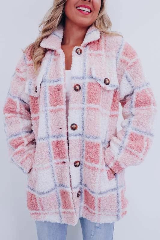 Veste en sherpa femme à carreaux boutonnée à col chemise poches poitrine 1