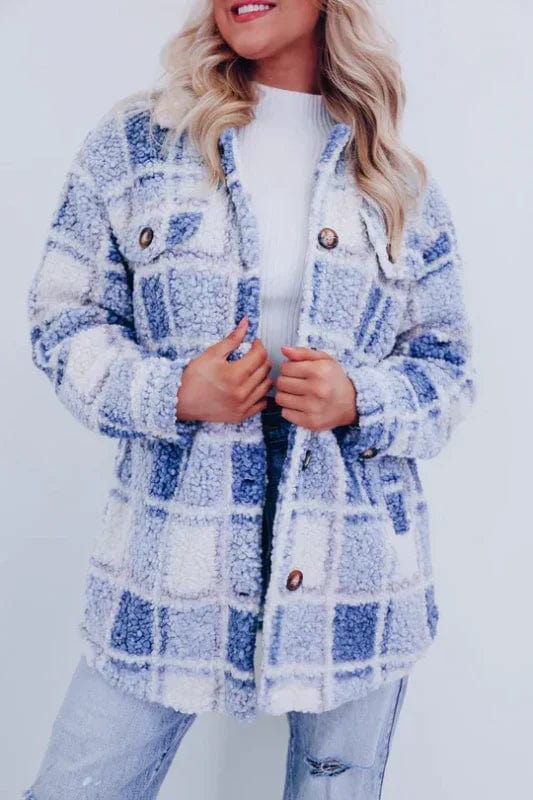 Veste en sherpa femme à carreaux boutonnée à col chemise poches poitrine 3