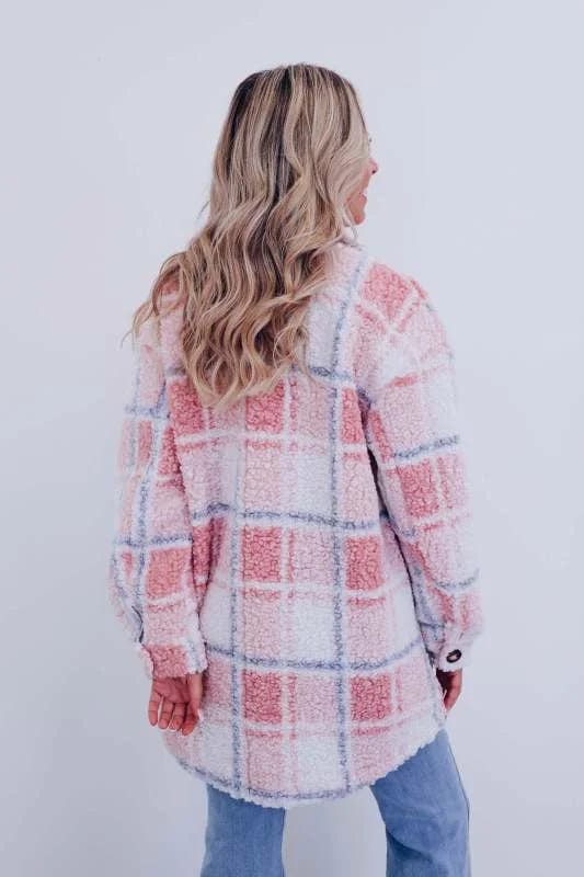 Veste en sherpa femme à carreaux boutonnée à col chemise poches poitrine 4