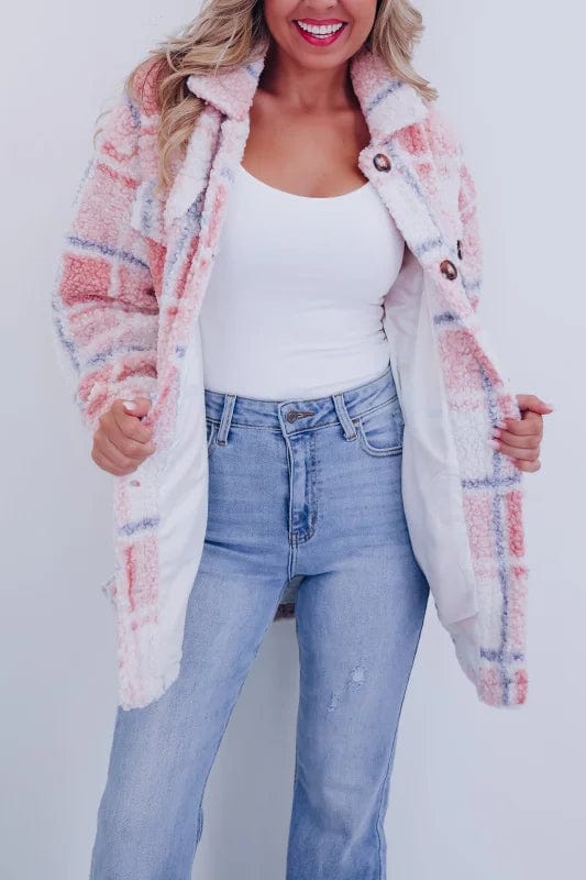 Veste en sherpa femme à carreaux boutonnée à col chemise poches poitrine 5