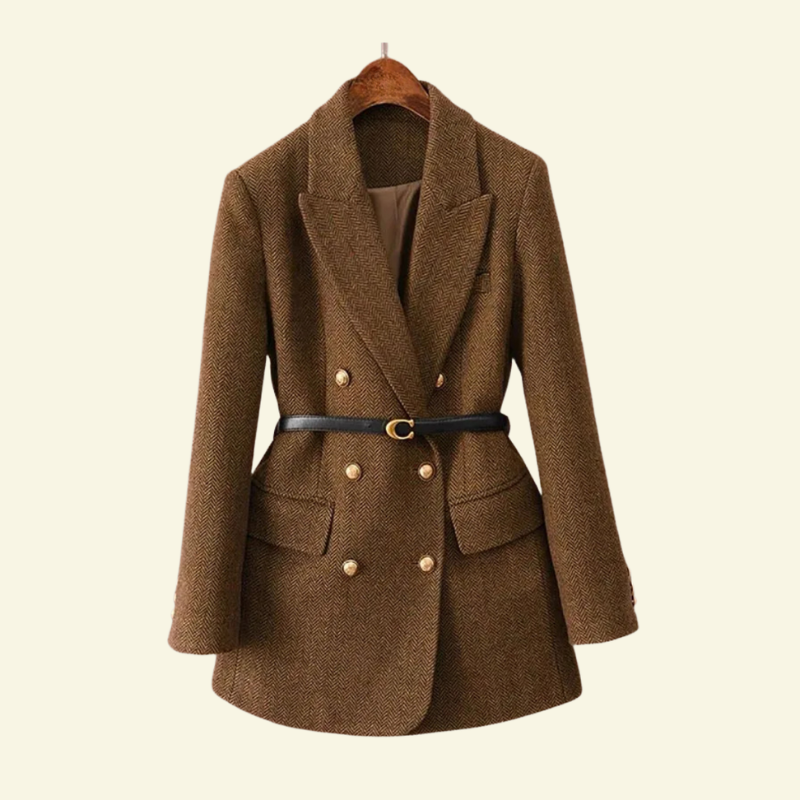 Veste en tweed femme cintrée à double boutonnage avec ceinture et manches trois-quarts 1