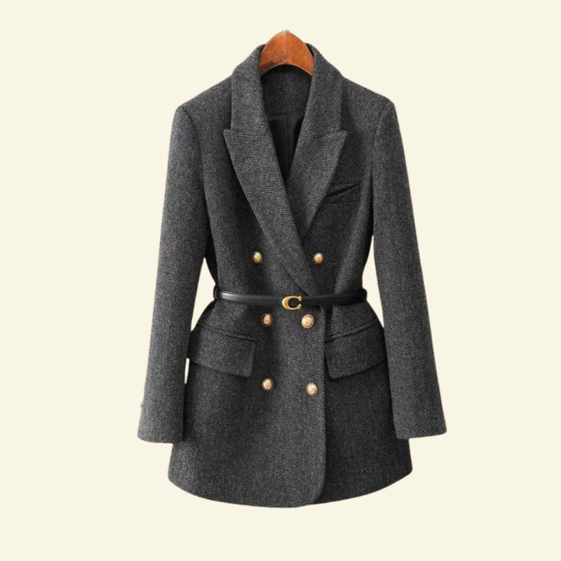 Veste en tweed femme cintrée à double boutonnage avec ceinture et manches trois-quarts 2