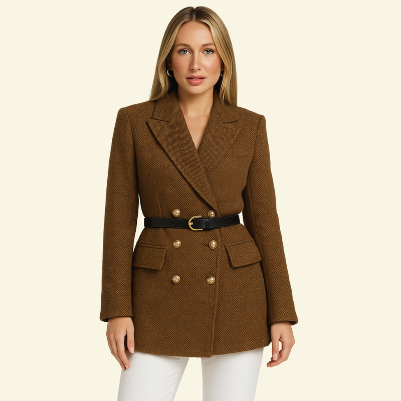 Veste en tweed femme cintrée à double boutonnage avec ceinture et manches trois-quarts 3