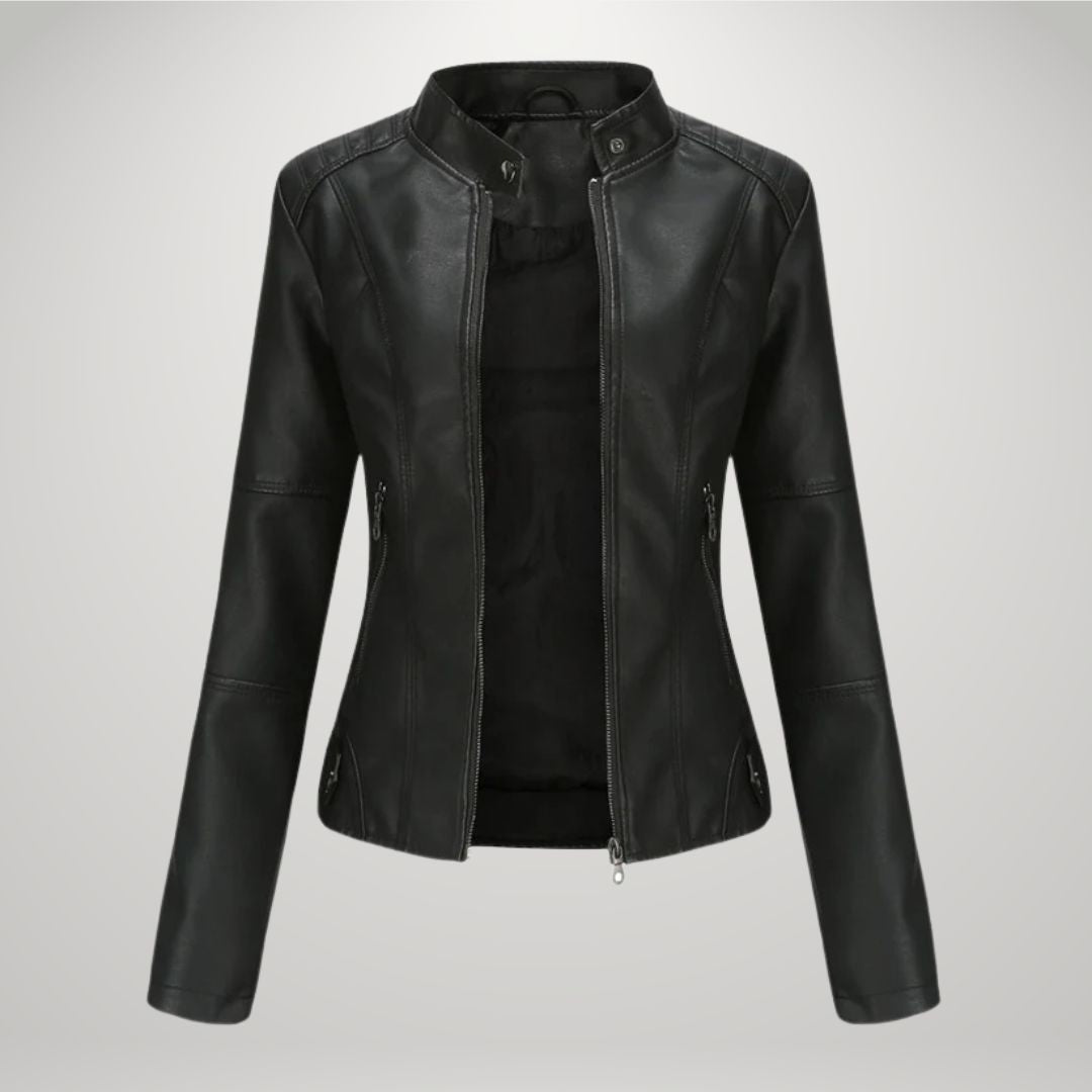 Veste femme cintrée en simili-cuir à col montant zippée 2