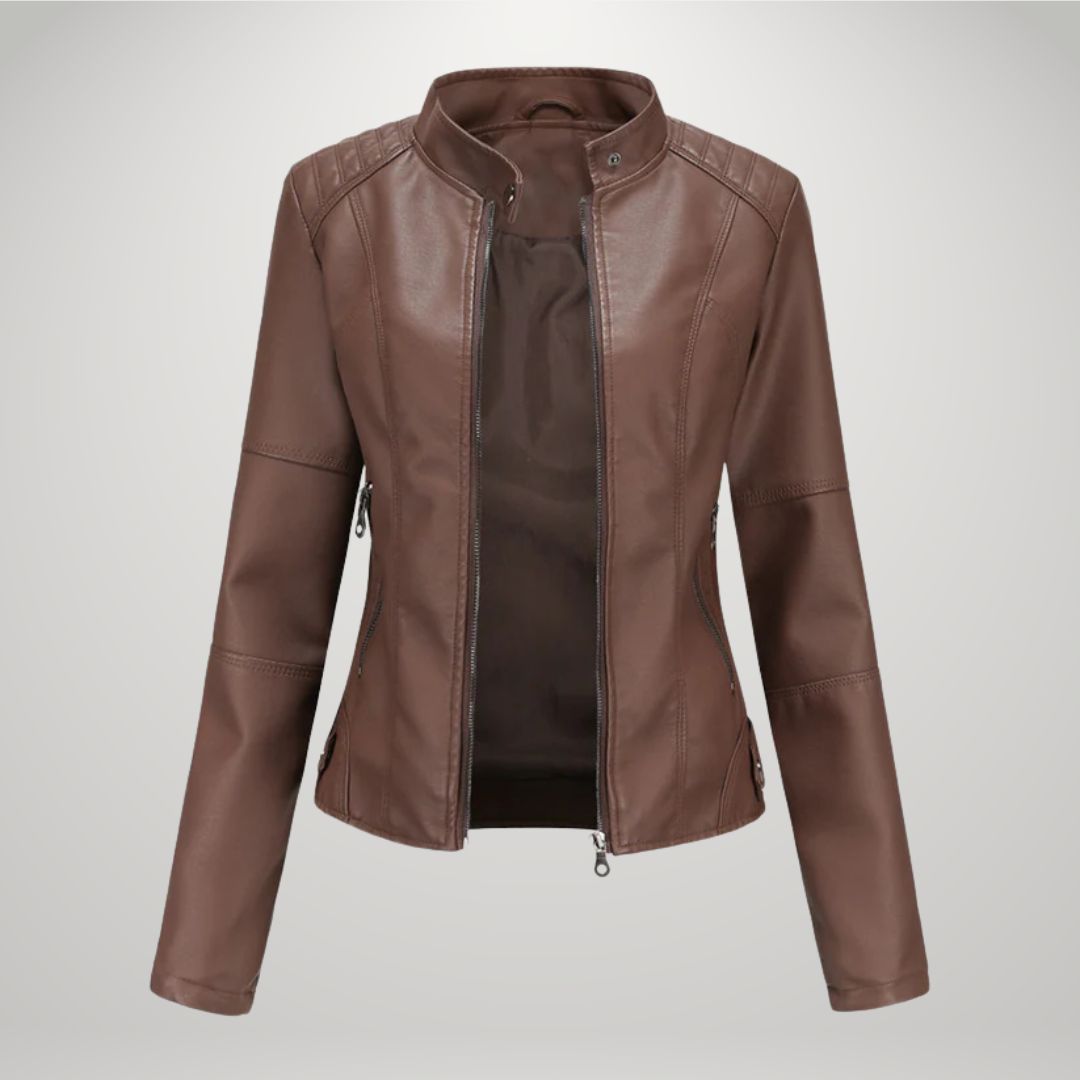 Veste femme cintrée en simili-cuir à col montant zippée 6
