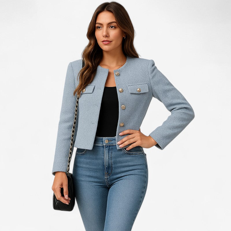 Veste femme courte en tweed à col rond et boutons dorés 2