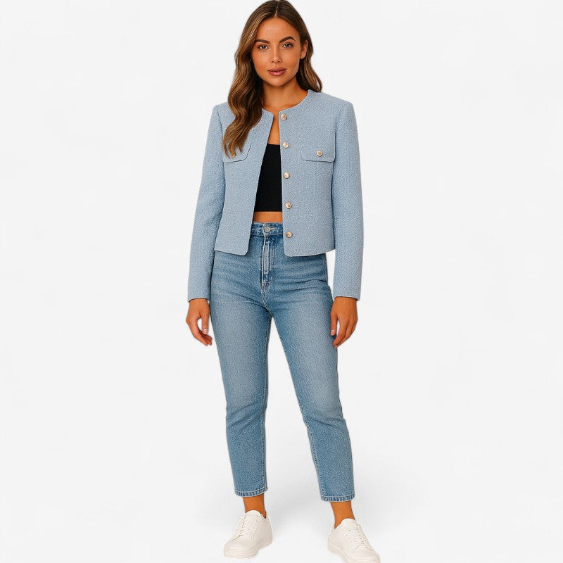 Veste femme courte en tweed à col rond et boutons dorés 3