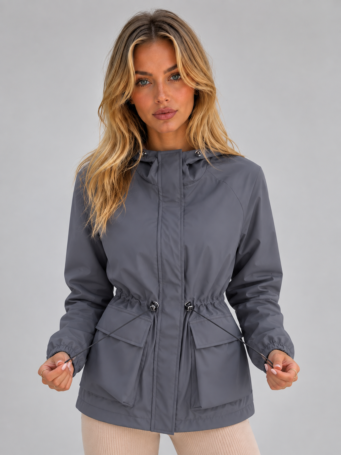 Veste imperméable femme à capuche coupe-vent courte à taille ajustable 2