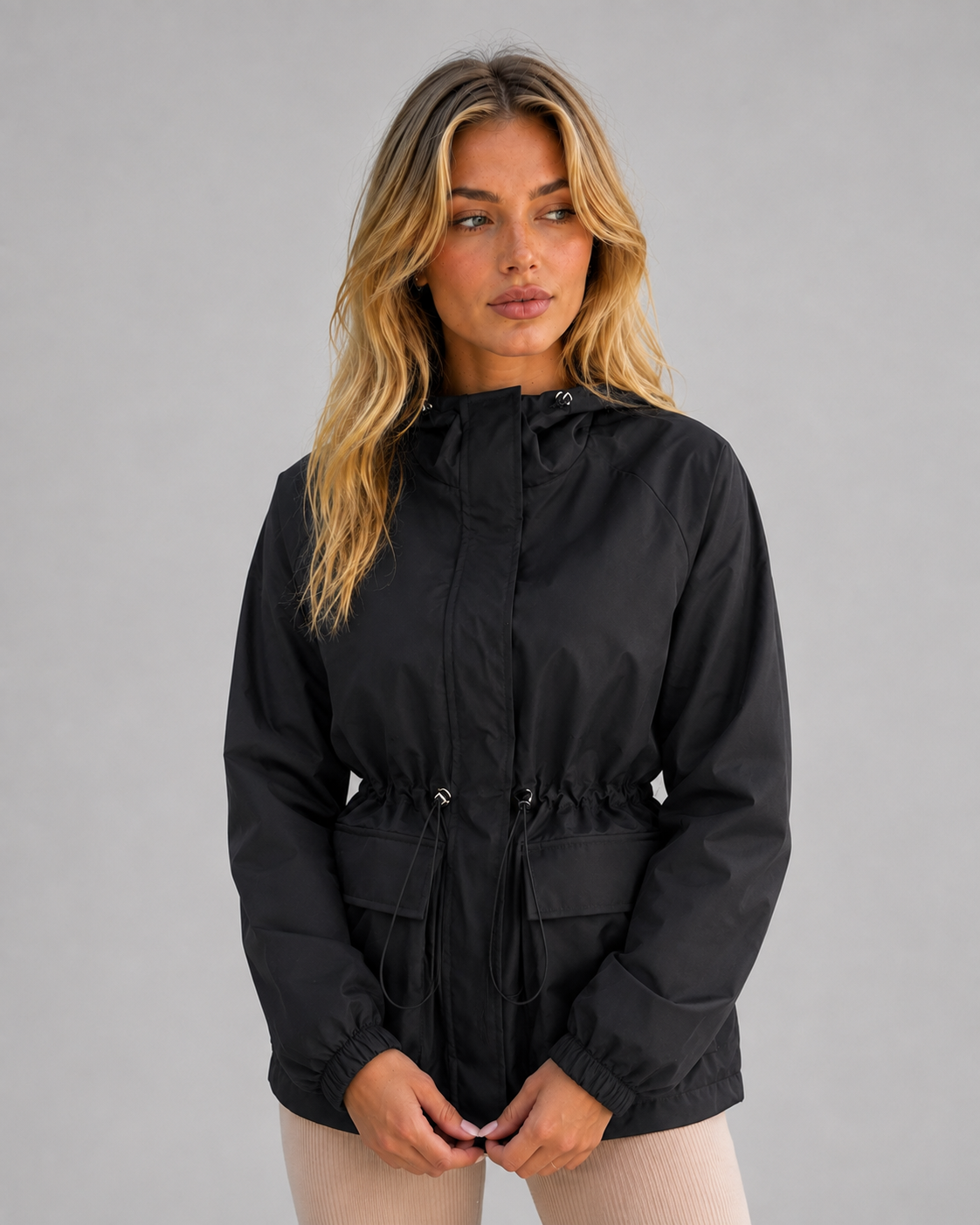 Veste imperméable femme à capuche coupe-vent courte à taille ajustable 3