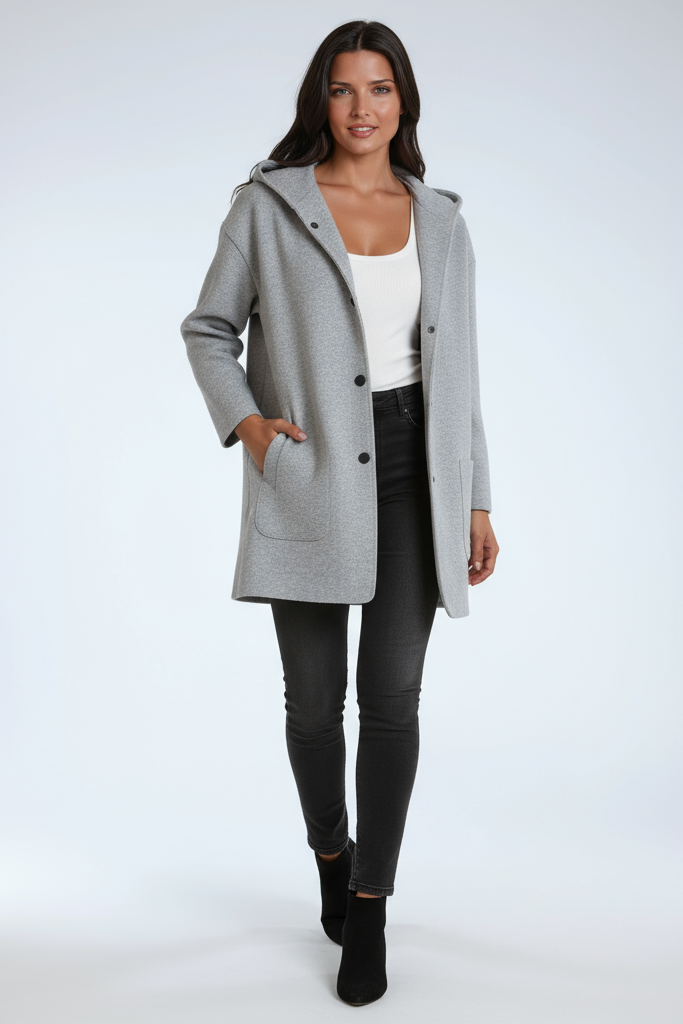 Veste mi-longue femme en laine mélangée à capuche et grandes poches 2
