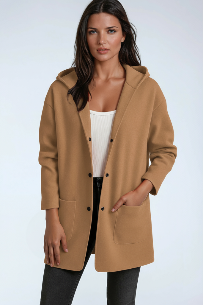 Veste mi-longue femme en laine mélangée à capuche et grandes poches 3