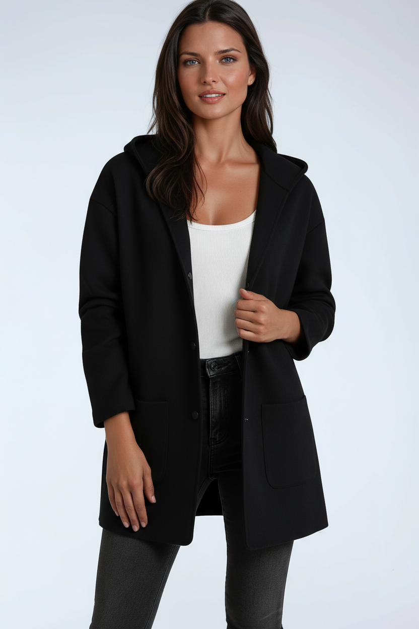 Veste mi-longue femme en laine mélangée à capuche et grandes poches 5