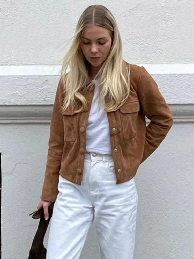 Veste mi-saison femme aspect daim à col chemise et poches poitrine plaquées 6