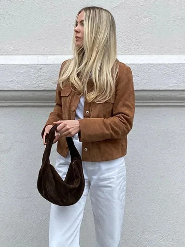 Veste mi-saison femme aspect daim à col chemise et poches poitrine plaquées 7