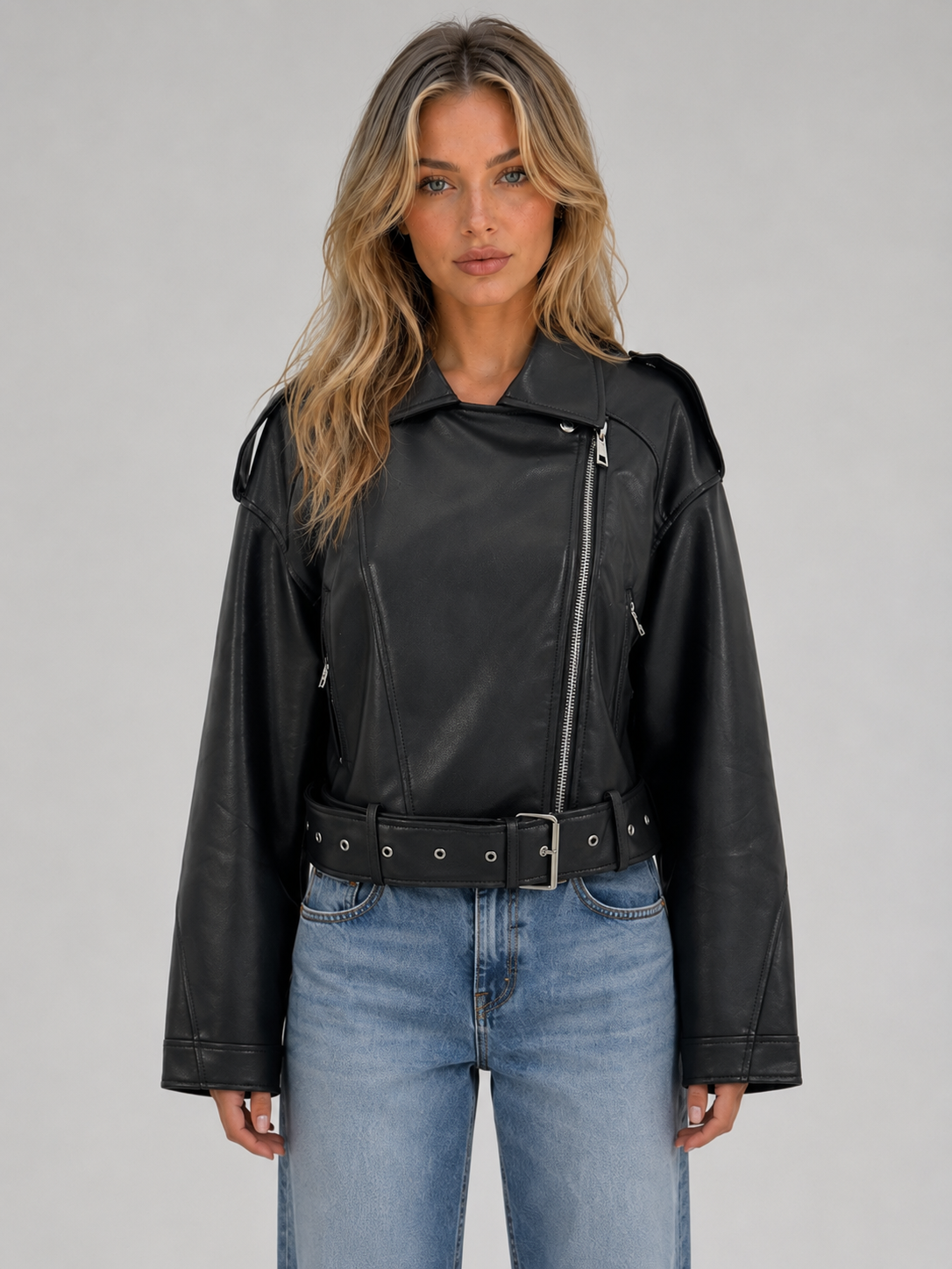 Veste motard femme en simili-cuir à zip asymétrique 1